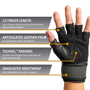 Harbinger Training Grip Wristwrap Weightlifting Gloves with TechGel-Padded Leather Palm (Pair), Large - yrGear Australia